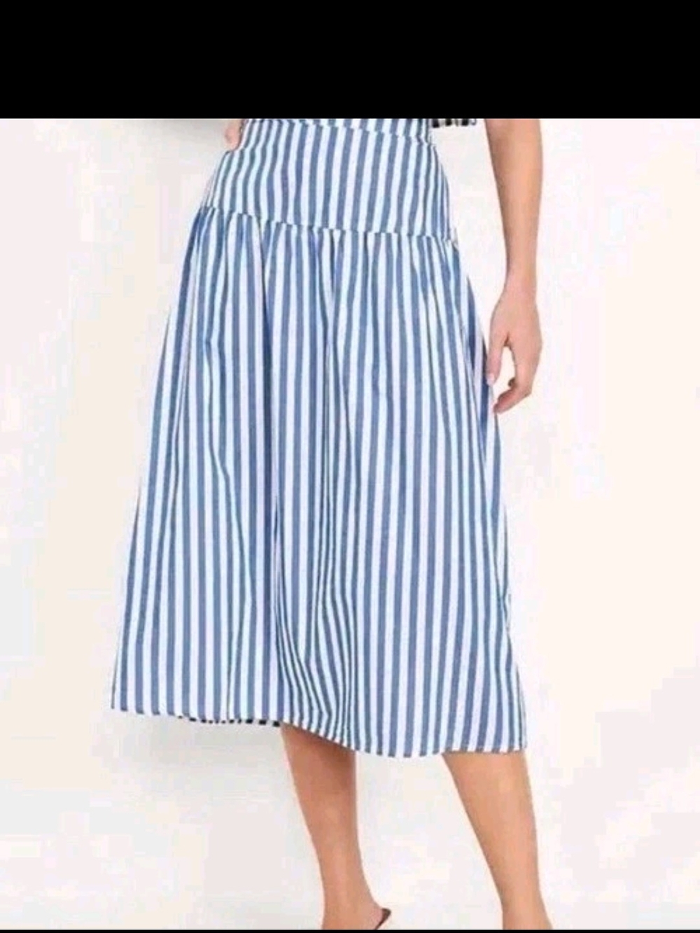 Old Navy Blue White Vertical Stripe Midi Skirt Drop Waist Preppy Cotton L TALL